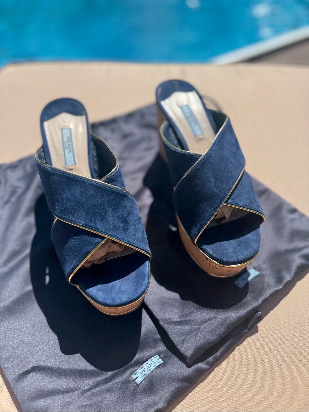 Prada Navy Suede Crisscross Cork Wedge Sandals with Gold Piping